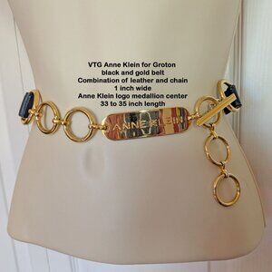 VTG Anne Klein for Groton black & gold 1" wide leather & chain belt 33/35" waist